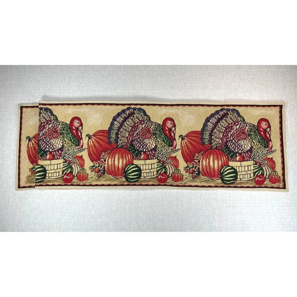 Thanksgiving Tapestry Table Runner 72 x 13 Turkey Pumpkin Fall Harvest Decor